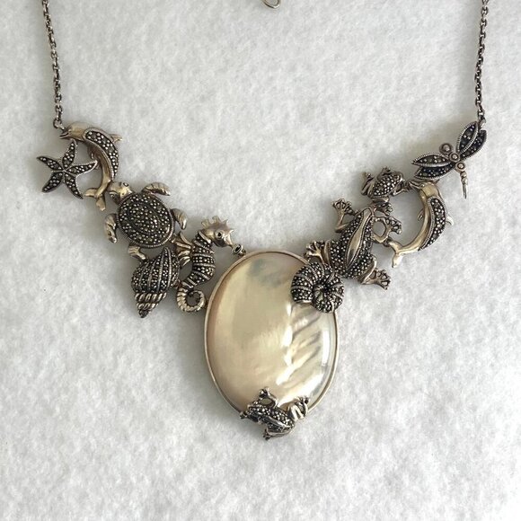 Sterling Silver 925 MOP Marcasite Sea Life Shell Panel Necklace & Earring Set - Picture 8 of 16